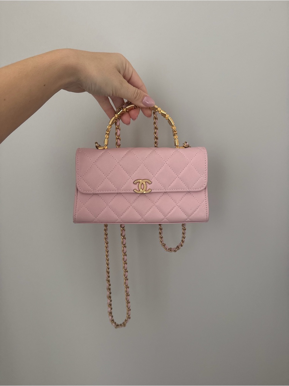 Authentic CHANEL Pink Quilted Mini Top Handle Bag with Gold Hardware